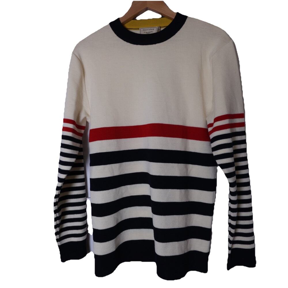 Maison Kitsuné SS17 Striped Wool Sweater 100% Wool Navy/Cream/Red Size L